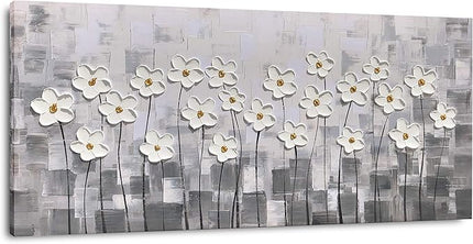 Yihui Arts Canvas Wall Art Grey and White Flowers Pictures Blossom Modern Floral Pallet Knife Painting Framed for Bedroom Kitchen Dinning Room Living Room Office Home Decor