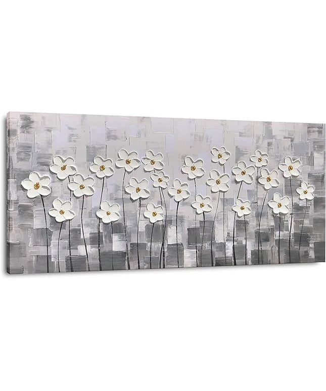 Yihui Arts Canvas Wall Art Grey and White Flowers Pictures Blossom Modern Floral Pallet Knife Painting Framed for Bedroom Kitchen Dinning Room Living Room Office Home Decor