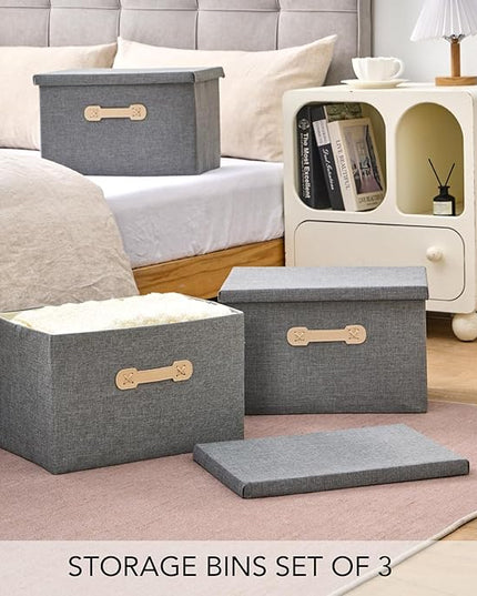 Enzk&Unity Decorative Storage Boxes with Lids, 3 Pack Grey Fabric Storage Bins with Handle, Foldbale and Stackable Storage Boxes for Shelf, Closet, Bedroom, Living Room