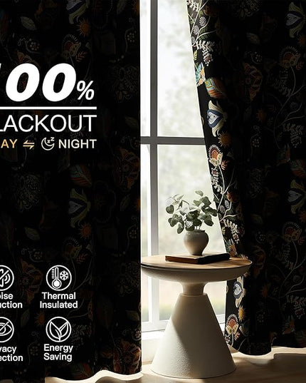 XiDi Black Dark Floral Curtains 63 Inches Long 2 Panels 100% Blackout Patterned Curtains Decorative Thermal Insulated Luxury Vintage Flower Botanical Printed Drapes Grommet for Living Room Bedroom