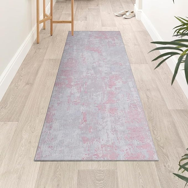 Modern Abstract 2x6 Runner Rug Washable Non Slip Stain Resistant Rug for Hallway Kitchen Bedroom Non Shedding Low Pile Indoor Floor Cover,Grey Pink