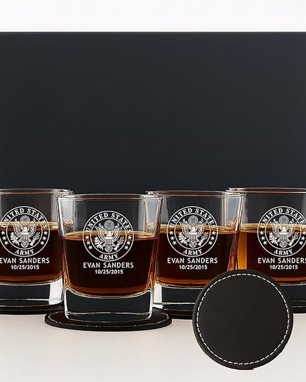 Personalized Military Sets - Custom Engraved Decanter & 4 Scotch Glasses - Army, Navy, Air Force, Coast Guard - Active Duty & Veterans (Sq. Scotch Glass Set)