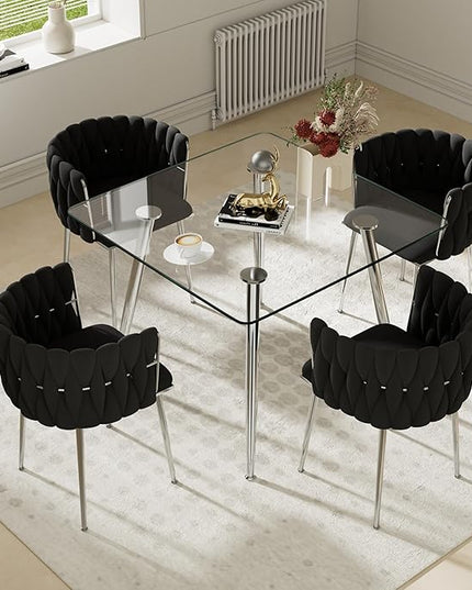 5 Piece Modern Glass Square Dining Set, 36'' Luxury Minimalist Dinner Room Set for 4, 4 Person Clear Glass Kitchen Table with Black Woven Chair, for Living Room Small Apartment (Silver)