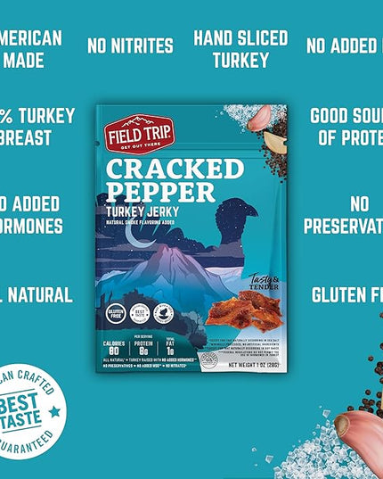 Field Trip Turkey Jerky, Gluten Free, Low Carb, Healthy High Protein Snacks, No Nitrates, All Natural Ingredients, Cracked Pepper, 1oz Bags, 12 Pack