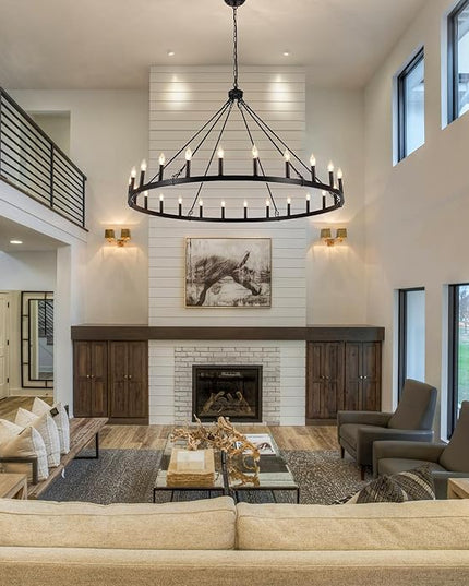 24-Light Black Wagon Wheel Chandelier for Living Room 52 Inch Farmhouse Chandeliers Large Round High Ceilings Light Fixtures for Entryway Dining Room Foyer Kitchen Island