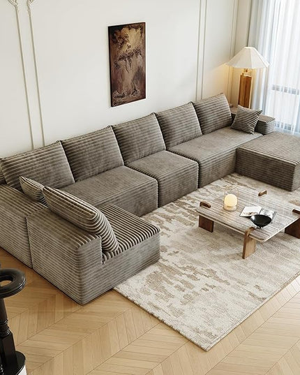 139.4" Modular Sectional Sofa, Oversized U-Shaped Minimalist Couches with 2 Middle Seats and 1 Ottoman Chaise, Modern Deep Seat Convertible Sleeper Sofa, Cloud Plush Corduroy Fabric,7 Seater, Camel