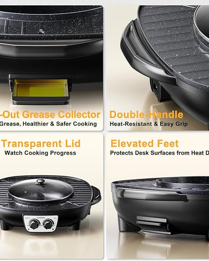 Stariver Hot Pot Electric with Grill 2 in 1, Indoor Korean BBQ & Shabu Shabu, Features Easy-clean Non-stick Coating, Dual Controls, 1800W Fast Heating, Perfect for Family Gatherings or Friends Parties