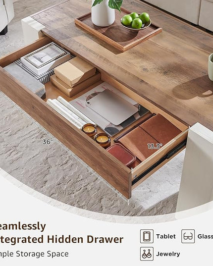 OKD 48" Modern Farmhouse Coffee Table, Wooden Living Room Table with Hidden Storage Drawer, Rustic Rectangular Center Tables with Wood Thick Design for Living Room, Office, Antique White