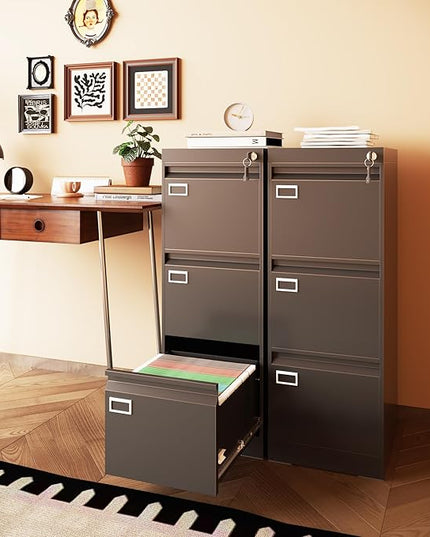 3 Drawer Metal File Cabinet with Lock, Small Locking Filing Cabinets, Vertical File Cabinet with Key, Black Under Desk Filing Cabinets for Home Office