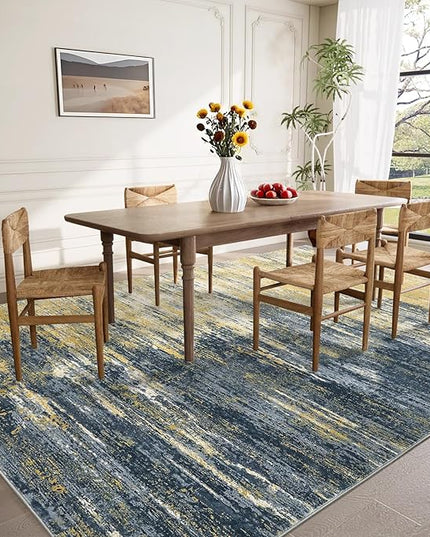 Modern Abstract Living Room Rug 8x10, Washable Area Rugs for Bedroom, Stain Resistant Non Slip Large Rug, Soft Indoor Carpet for Dining Room Table Home Decor, Yellow/Black