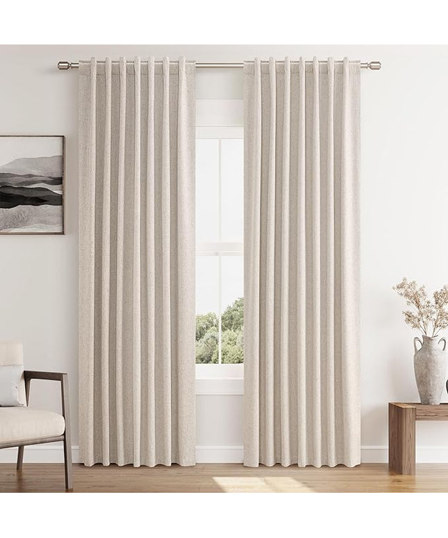 Guken Oatmeal Linen Blackout Curtains 80 Inch Length 2 Panels Set for Living Room Bedroom Back Tab Thermal Insulated 100% Black Out Linen Drapes Room Darkening Window Curtains 80 Inches Long