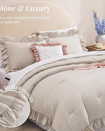 Full Comforter Set - 7 Pieces Ruffle Beige Bedding Sets, Shabby Chic Farmhouse Bed in a Bag Full with Ruffle Comforter, Floral Sheets, Pillowcases & Shams