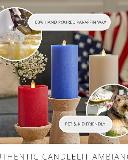 Luminara Red White & Blue Americana Pillar Trio - Set of 3 Flickering Flameless Wax Candles - Battery Operated LED Real Flame Illumination for Patriotic Holiday Decor - Timer - Remote Sold Separately