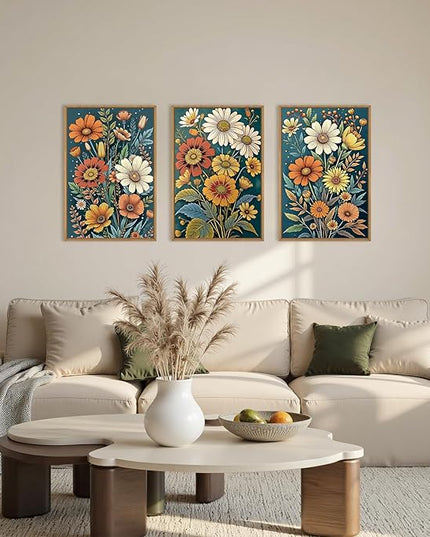 HOURIA Boho Vintage Floral Framed Canvas Wall Art Set,Nordic Retro Colorful Wildflower & Green Leaves Wall Decor,Abstract Vibrant Bouquet Botanical Artwork for Living Room, Bedroom,Farmhouse-16"x24"x3