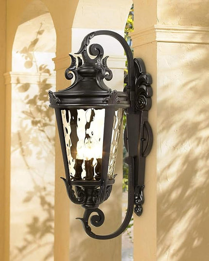 John Timberland Marseille Rustic Vintage Outdoor Wall Light Fixture Textured Black Scroll 27 1/2" Hammered Glass for Exterior House Porch Patio Outside Deck Garage Yard Front Door Garden Home