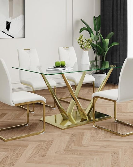 63'' Glass Dining Table for 4 or 6, 0.39" Tempered Glass Tabletop and Gold Stainless Steel Base, Large Dining Room Table for 6, Home Kitchen Table for Dining Room, Modern Dining Table for 6