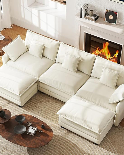WorthFurni 111.4” Modular Sectional Sofa, U Shape Cloud Couch with 2 Movable Ottoman, Comfy Chenille Deep Seat Sofa with Soft Pillows for Apartment Living Room Bedroom（Beige）