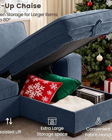 PARKOL 99" L-Shaped Sectional Couch with Storage, Sofa with Reversible Chaise, USB Type-C Charging, Chenille Fabric, Removable Cushion Covers, for Small Space, Apartment, Living Room, Blue