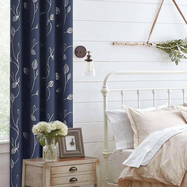 BUHUA Heat Blocking Curtains, Black Out Curtains 72 Inch Long 2 Panels Burg, Soundproof Curtains with Silver Leaf Printed (52 x 72 Inch,Navy Blue,Set of 2 Panels)