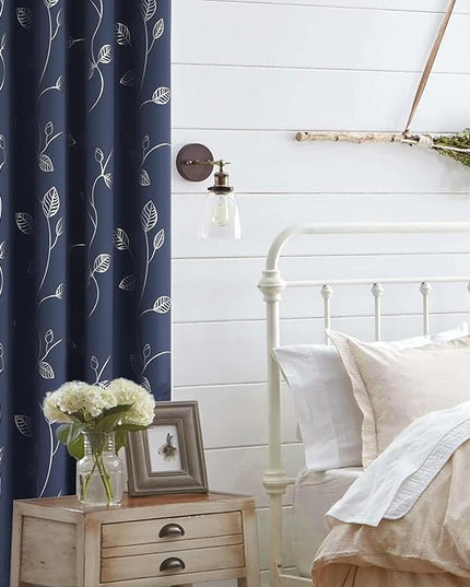 BUHUA Room Darkening Curtains 63 Inch Length, Window Treatments for Living Room Grommet Curtains with Silver Leaf Foil Design (52 x 63 Inch,Navy Blue,Set of 2)