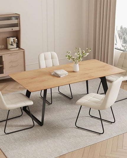 ZckyCine 63"-79" Expandable Dining Table Set for 6, Wood Table & 6 White Chairs, Extendable Kitchen Dining Table Set for Kitchen & Dining Room, Modern Oak & White