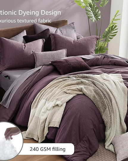 Monbix King Size Comforter Set, Italian Plum King Bedding Set Reversible, 7 Pieces, Cationic Dyeing Bed in a Bag King with Comforter, Sheets, Pillowcases & Shams