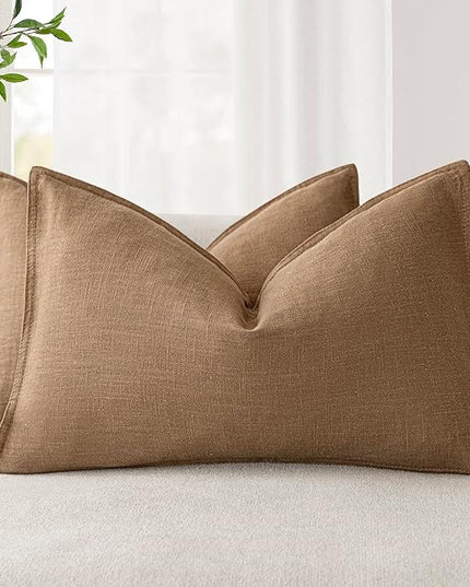 Foindtower Pack of 2, Decorative Linen Soild Throw Pillow Covers Soft Accent Lumbar Cushion Case Boho Farmhouse Pillowcase for Chair Couch Sofa Bedroom Living Room Home Decor 12 x 20 Inch Khaki Brown
