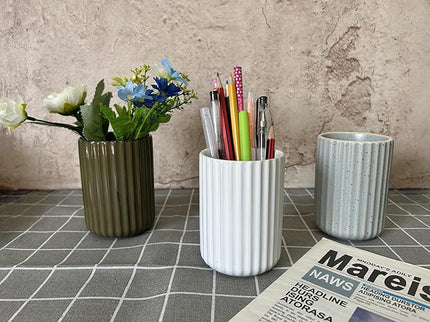 Stoneware Coffee Bar Utensil Holder Tea & Coffee Spoon & Stirrer Holder for Stir Stick Straw Teaspoon Holder Spoon Cup Small Utensil Jar Fluted Vertical Stripe (Pure White)