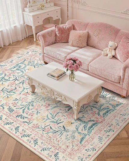 Wonnitar Pink Rugs for Bedroom Girls, 5x7 Washable Rug for Nursery Decor, Boho Soft Floral Carpet Non Slip, Indoor Ultra-Thin Floor Carpet for Baby Kids Room Living Room Dorm