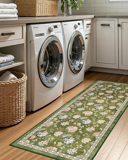 jinchan Elora 2x5 Floral Runner Rug for Hallway Washable Runner Vintage Romance Christmas Design Non Slip Thin Indoor Floor Cover Low-Profile Throw Carpet for Entryway Bathroom Bedroom Porch, Green
