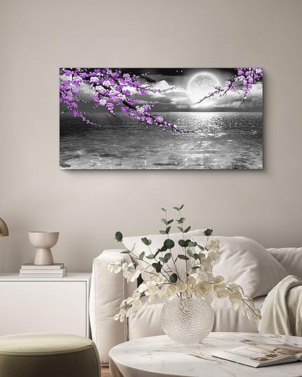 Large Purple Wall Art Decor for Living Room Bedroom Framed Black and White Seascape Full Moon Purple Flower Painting Canvas Picture Modern Hand-Painted Plum Blossom Artwork for Home Office