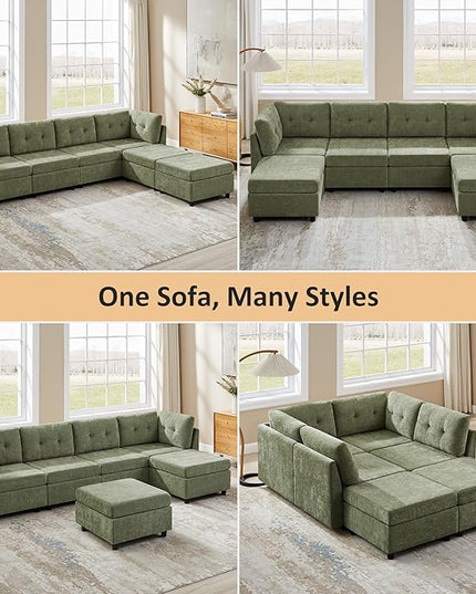 VANOMi 4 Seater Cloud Couches for Living Room with 2 Ottomans, 118" Modular Sectional Sofas & Couches, Comfy Chenille Cloud Sectional Couch Sofa for Apartment, Office, Green, U Shaped