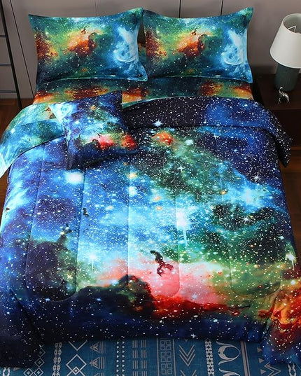 JQinHome Queen Galaxy Comforter Sets 6 Piece Bed in A Bag, Outer Space Themed Bedding for Children Boy Girl Teen Kids,1 Comforter, 1 Flat Sheet, 1 Fitted Sheet, 2 Pillowshams, 1 Cushion Cover(Blue)