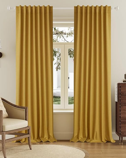 DUALIFE Blackout 96 Inches Long Yellow Curtains 2 Panel Set, Farmhouse Curtains for Living Room Darkening Thermal/Noise Reduction Textured Flax Linen Drape 8ft Rod Pocket&Back Tab 72W x 96L