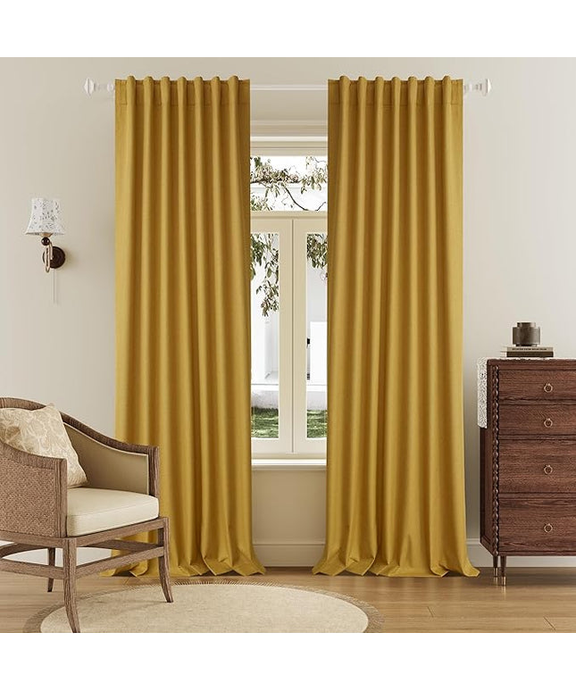 DUALIFE Yellow Linen Full Blackout Curtains 108 Inch Length 2 Panels Set for Living Opaque Privacy Back Tab Thermal Insulated 100% Black Out Room Darkening 9ft Window Curtain Drapes 108 Inches Long