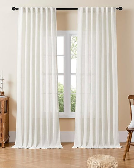 Joydeco Light Filtering Curtains 90 Inch Length for Bedroom, Linen Curtains 90 Inch Length 2 Panels Set for Living Room，White Semi Sheer Drapes 90 Inches Long with Rod Pockets