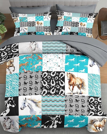 Comforter Set Twin Size, Horse Bedding for Kids and Adults, Colorful Patchwork Bed Sheet Sets with Fitted Sheet Pillowcase & Sham for Bedroom Bed Decor