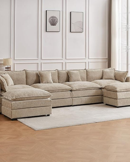 Modular Sectional Sofa, 147.2 Inch U Shaped Couch Set with Armrests, 4-Seater Comfy Cloud Couches with Movable Ottoman for Living Room Apartment, Coffee