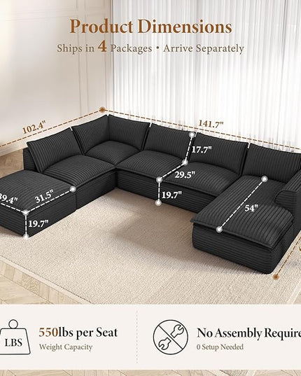 Vesgantti 141.7" Oversized Sectional Boneless Couch, Modern 7 Seater Modular Sofa with Chaise & Ottoman, Deep Seat Plush Corduroy Cloud Couches for Living Room, No Assembly Required, Dark Gray