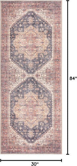 GLN Rugs Traditional Collection - Machine Washable Area Rug, Traditional Washable, Non Slip, Low Pile Chenille Rug, Living Room, Bedroom, Kitchen Rug (2'6"x7' Black/Terra)
