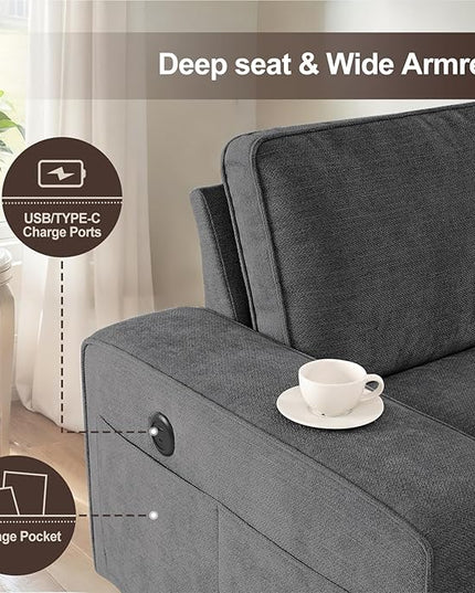 PARKOL 102" L-Shaped Sectional Couch with Storage, Sofa with Reversible Chaise, USB Type-C Charging, Chenille Fabric, Removable Cushion Covers, for Small Space, Apartment, Living Room, Dark Gray