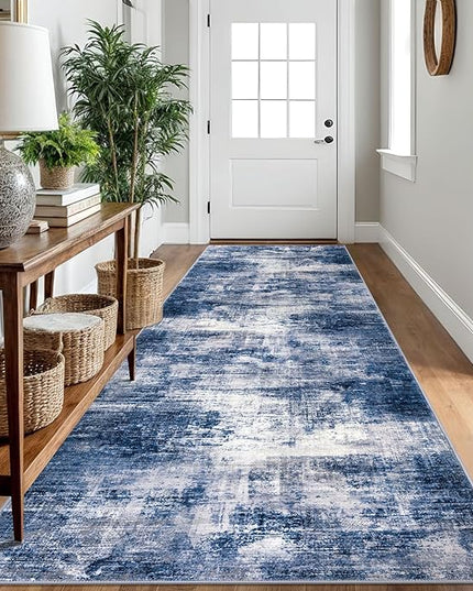 IOHOUZE Abstract Runner Rug 3x10 Ft Washable Runners for Hallways, Non Slip Kitchen Runner Printed Faux Wool Entryway Runner Indoor, Modern Abstract Floor Carpet for Hall Bedroom, Navy/Grey