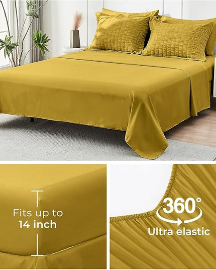 HYMOKEGE Mustard Yellow King Size Comforter Set Seersucker 7 Pieces, All Season Luxury Bed in a Bag for Bedroom, Bedding Set with Comforter, Sheets, Pillowcases & Shams