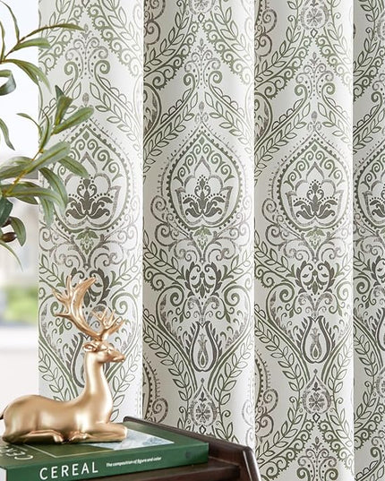 jinchan Blackout Curtains 90 Inch Length 2 Panels Green Damask Medallion Window Curtains for Bedroom Grommet Thermal Insulated Drapes for Living Room Vintage Luxury Window Treatments Set