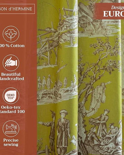 Maison d' Hermine Curtains for Living Room 100% Cotton 84 inch Length One Panel Light Filtering Toile Curtains for Bedroom Windows with Rod and Loop Pockets Drapes (Calais Celery, 50" W x 84" L)
