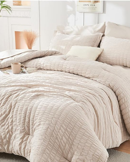 HYMOKEGE Beige Oversized King Comforter Set Seersucker 7 Pieces, All Season Luxury Bed in a Bag for Bedroom, Bedding Set with Comforter, Sheets, Pillowcases & Shams