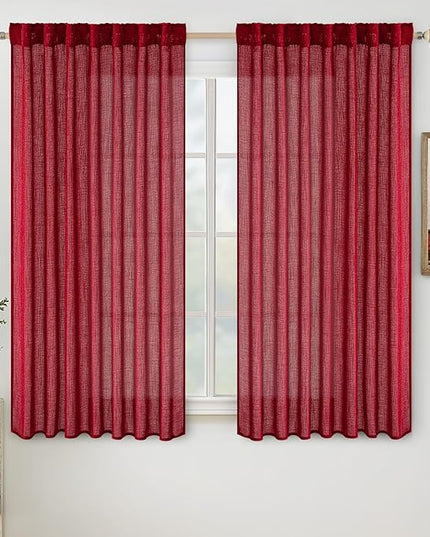 MIULEE Burgundy Red Short Curtains 63 Inch Length 2 Panels for Kitchen Bedroom, Christmas Soft Thick Linen Textured Living Room Window Drapes Semi Sheer Light Filtering Back Tab Burlap Look Decor