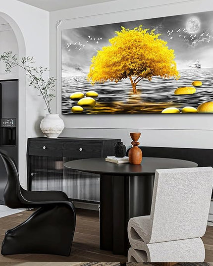 hyidecorart Canvas Wall Art 30"X60" - Black And White Ocean Scenery & Yellow Tree Art Print, Large Wall Decor Posters Abstract Pictures for Living Room, Bedroom, Office Modern Home Decor