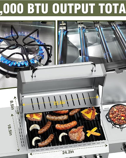 BESTFIRE 68,000 BTU 5+1 Burner Propane Grill - Stainless Steel BBQ with 647 sq in UPGRADED OIL-DRAIN Plates, Cast Iron Grates, Side Burner + FREE Food Clip for Outdoor Cooking