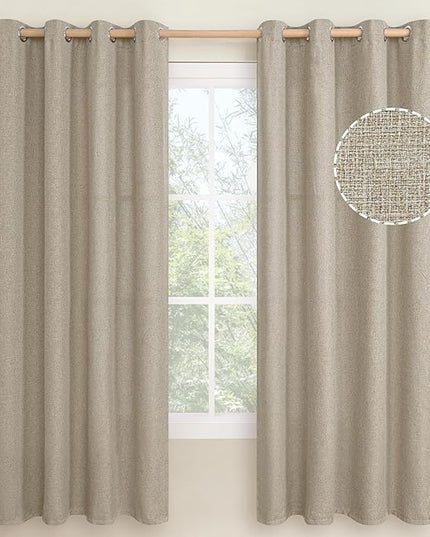 LAMIT Natural Linen Thermal Curtains for Bedroom, 72 inches Grommet Thick Light Reducing Curtains Window Light Filtering Panels for Living Room/Farmhouse, Set of 2 Panels, W52 x L72, Taupe